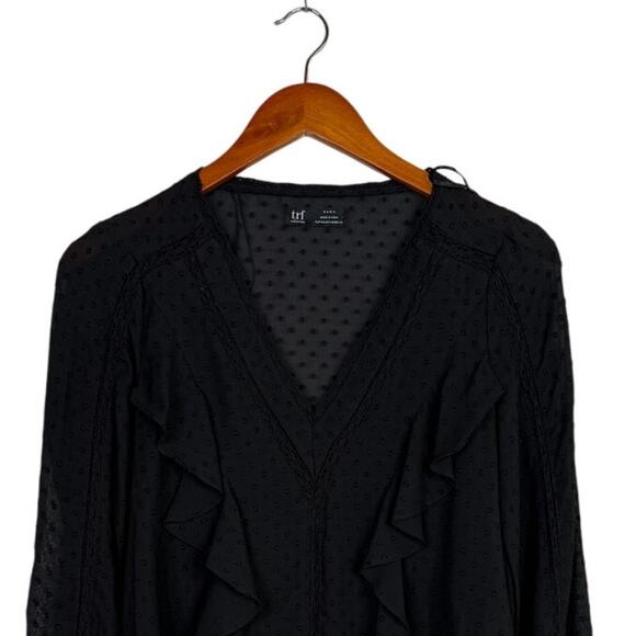 Zara Swiss Dotted Ruffle Detail Semi Sheer Long Sleeve V Neck Blouse XS Black - Picture 4 of 15
